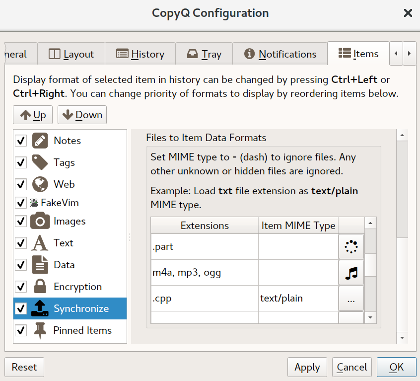 Configure file formats to show